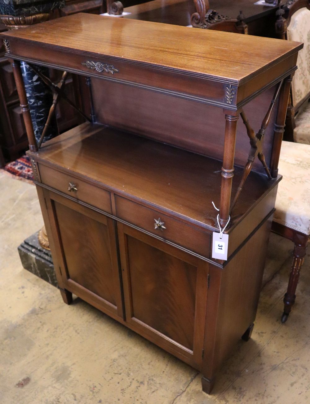 A reproduction Regency style mahogany chiffonier, width 68cm depth 30cm height 102cm